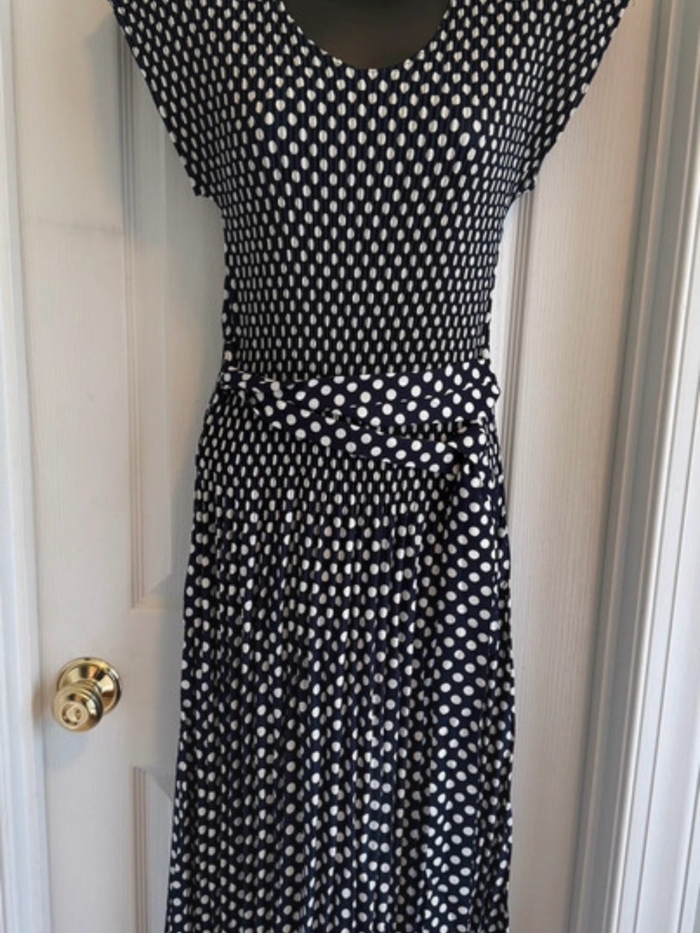 Kindred Classic Navy and White Polka Dot Women’s Dress with tie belt